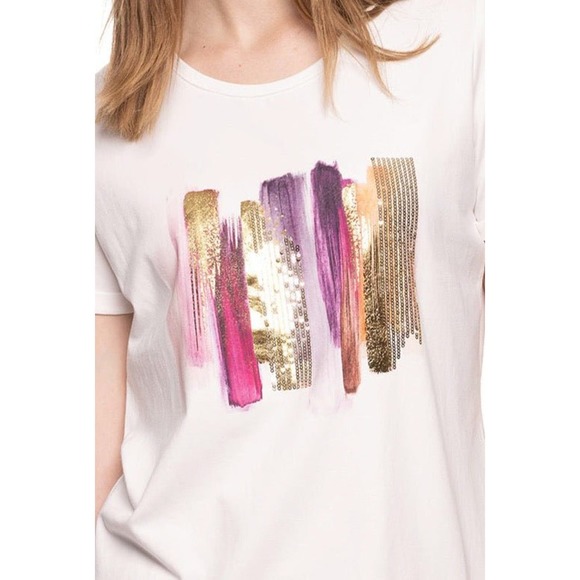 Women's Sequin Graphic Tee Size L Pink Brush Stroke White Cotton T-Shirt NWT - Picture 2 of 4